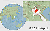 Savanna Style Location Map of Luang Prabang, highlighted country, hill shading