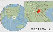 Savanna Style Location Map of Luang Prabang, hill shading