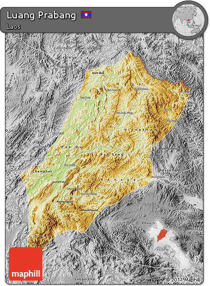 Physical Map of Luang Prabang, desaturated