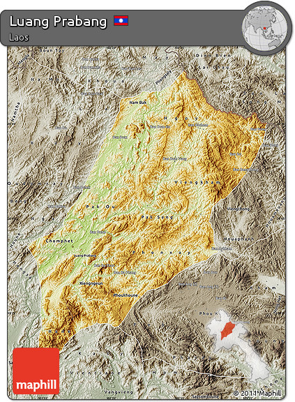 Physical Map of Luang Prabang, semi-desaturated