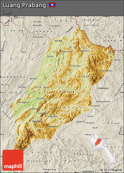 Physical Map of Luang Prabang, shaded relief outside