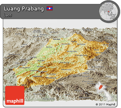 Physical Panoramic Map of Luang Prabang, semi-desaturated