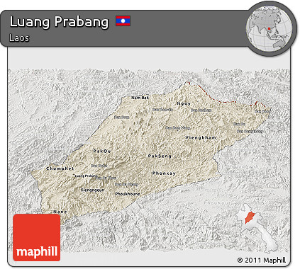 Shaded Relief Panoramic Map of Luang Prabang, lighten, semi-desaturated