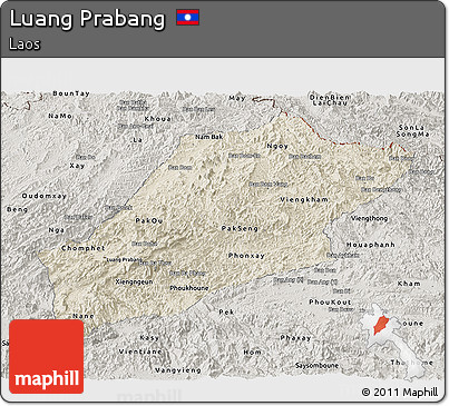 Shaded Relief Panoramic Map of Luang Prabang, semi-desaturated
