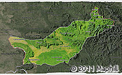 Satellite 3D Map of Saravane, darken, semi-desaturated