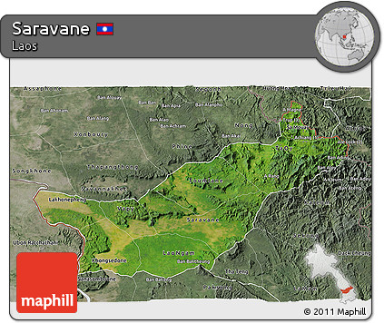 Satellite 3D Map of Saravane, semi-desaturated