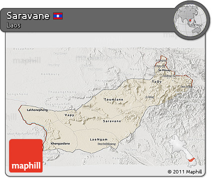 Shaded Relief 3D Map of Saravane, lighten, semi-desaturated
