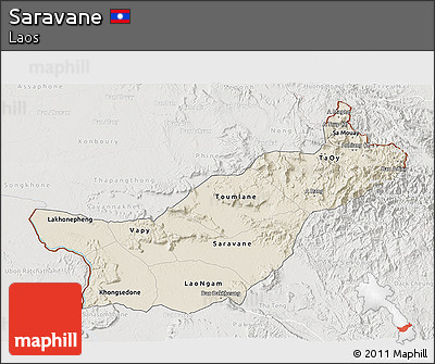 Shaded Relief 3D Map of Saravane, lighten, semi-desaturated