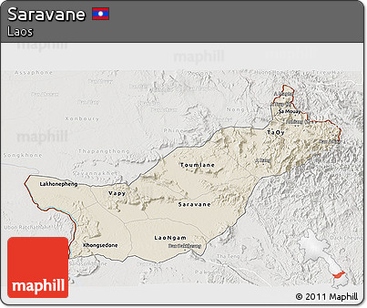 Shaded Relief 3D Map of Saravane, lighten, semi-desaturated