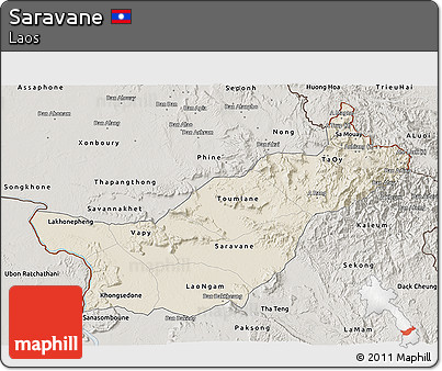 Shaded Relief 3D Map of Saravane, semi-desaturated