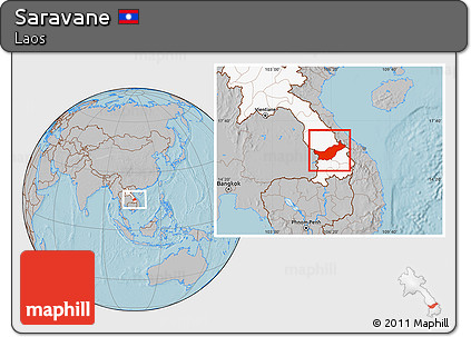 Gray Location Map of Saravane, highlighted country, hill shading