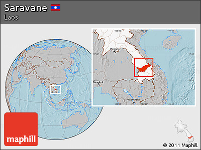 Gray Location Map of Saravane, highlighted country, hill shading