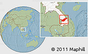 Savanna Style Location Map of Saravane, highlighted country, hill shading