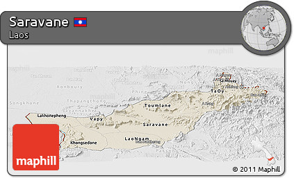 Shaded Relief Panoramic Map of Saravane, lighten, desaturated