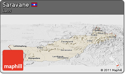 Shaded Relief Panoramic Map of Saravane, lighten, desaturated