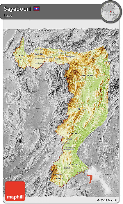 Physical 3D Map of Sayabouri, desaturated