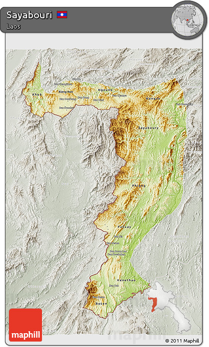 Physical 3D Map of Sayabouri, lighten, semi-desaturated