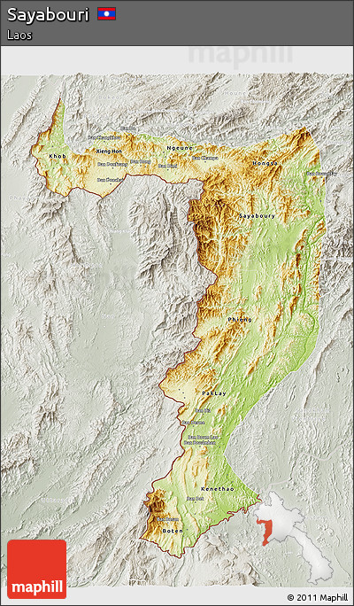 Physical 3D Map of Sayabouri, lighten, semi-desaturated
