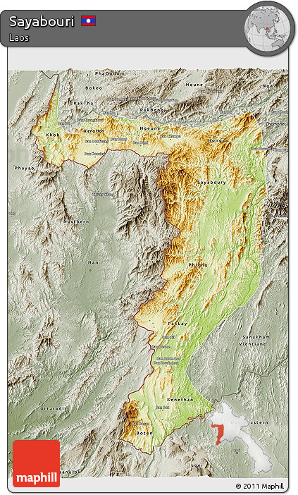 Physical 3D Map of Sayabouri, semi-desaturated