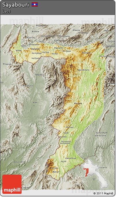 Physical 3D Map of Sayabouri, semi-desaturated