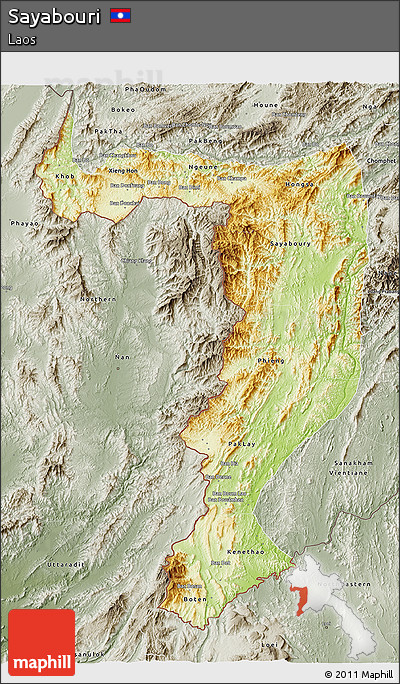 Physical 3D Map of Sayabouri, semi-desaturated