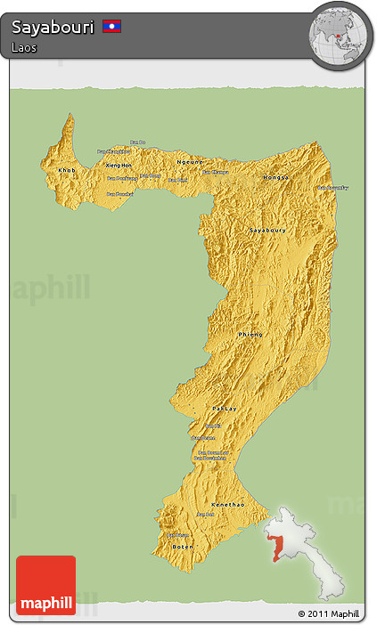 Savanna Style 3D Map of Sayabouri, single color outside