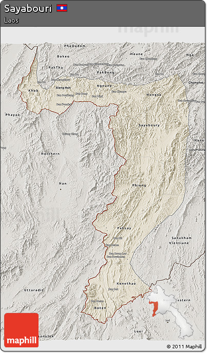 Shaded Relief 3D Map of Sayabouri, semi-desaturated