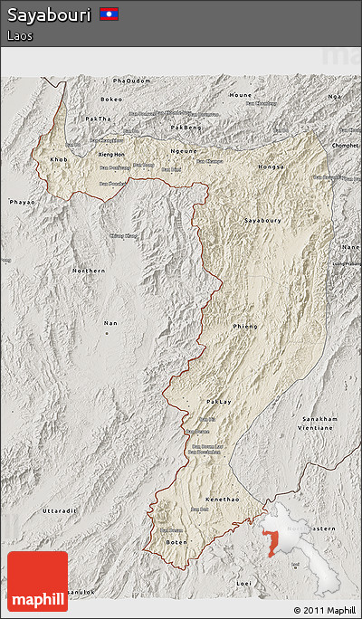 Shaded Relief 3D Map of Sayabouri, semi-desaturated