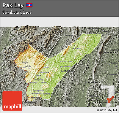 Physical 3D Map of Pak Lay, darken, semi-desaturated