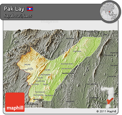 Physical 3D Map of Pak Lay, darken, semi-desaturated