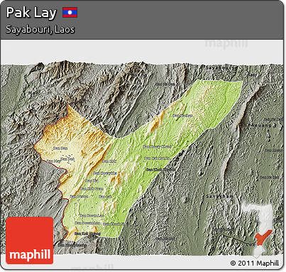 Physical 3D Map of Pak Lay, darken, semi-desaturated