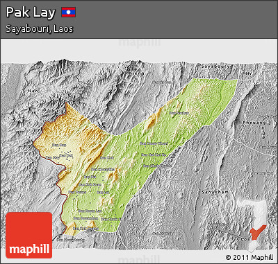 Physical 3D Map of Pak Lay, desaturated