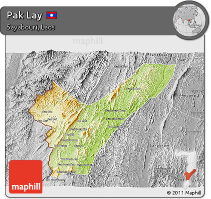 Physical 3D Map of Pak Lay, desaturated