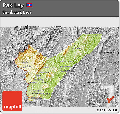 Physical 3D Map of Pak Lay, desaturated