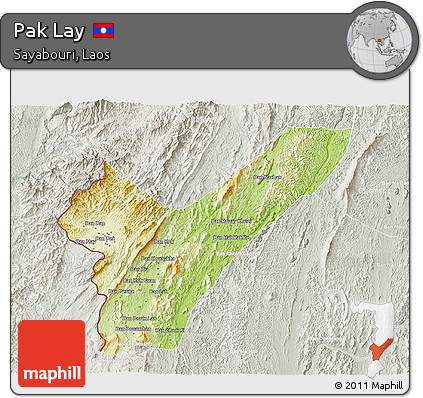Physical 3D Map of Pak Lay, lighten, semi-desaturated