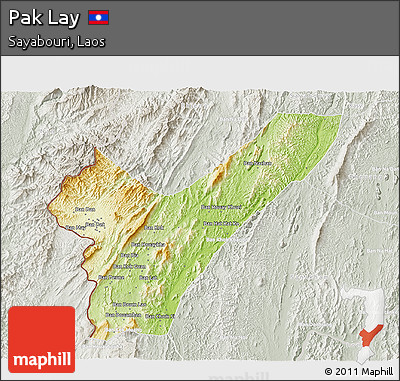 Physical 3D Map of Pak Lay, lighten, semi-desaturated