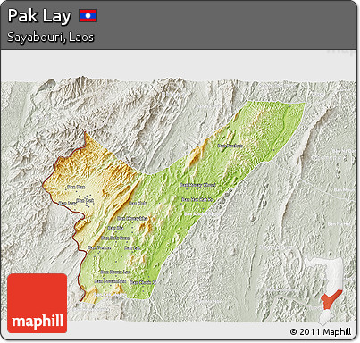 Physical 3D Map of Pak Lay, lighten, semi-desaturated