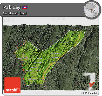 Satellite 3D Map of Pak Lay, darken, semi-desaturated