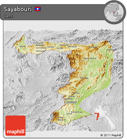 Physical Panoramic Map of Sayabouri, lighten, desaturated