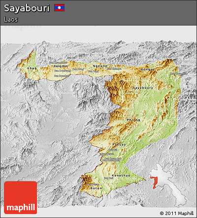 Physical Panoramic Map of Sayabouri, lighten, desaturated