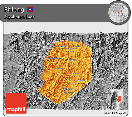 Political 3D Map of Phieng, desaturated