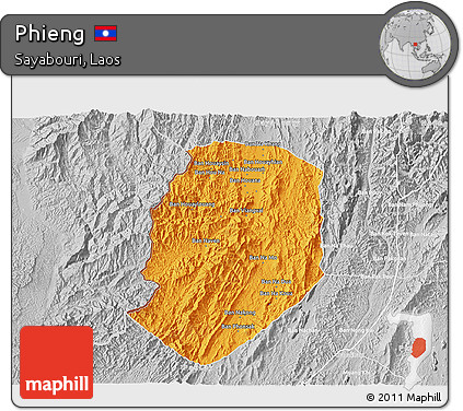 Political 3D Map of Phieng, lighten, desaturated