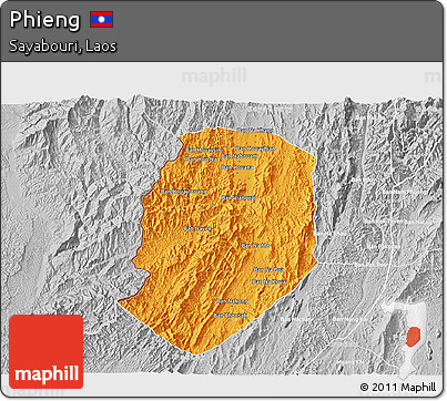 Political 3D Map of Phieng, lighten, desaturated