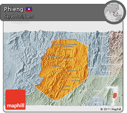 Political 3D Map of Phieng, lighten, semi-desaturated