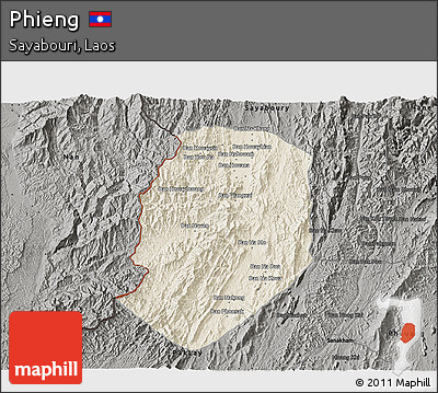 Shaded Relief 3D Map of Phieng, darken, semi-desaturated