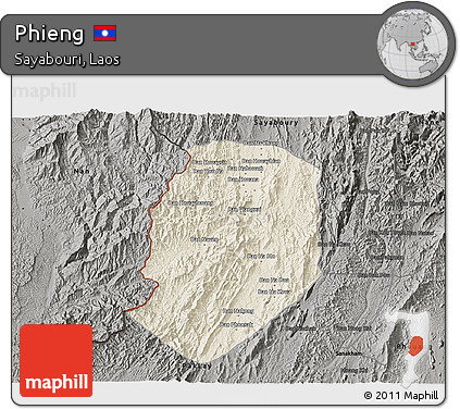 Shaded Relief 3D Map of Phieng, darken, semi-desaturated