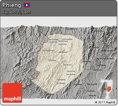 Shaded Relief 3D Map of Phieng, darken, semi-desaturated