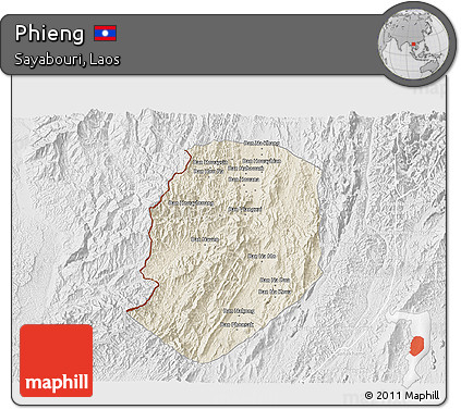 Shaded Relief 3D Map of Phieng, lighten, desaturated