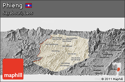 Shaded Relief Panoramic Map of Phieng, darken, desaturated