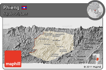 Shaded Relief Panoramic Map of Phieng, darken, desaturated